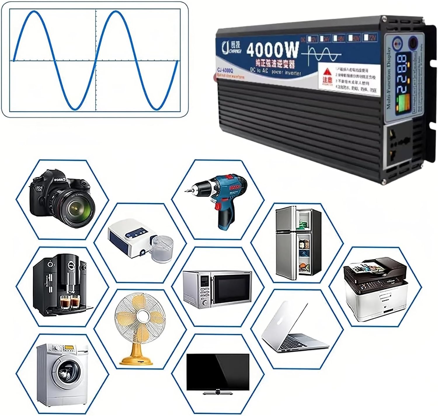 Car Power Inverter,1600W2200W3000W5000W8000W10000W12000W16000W Pure Sine Wave Inverter 12V 24V 48V 60V 72V DC to 110V 220V AC Converter RV, Truck, Solar, Outdoor with (12000W, 48Vto110V)