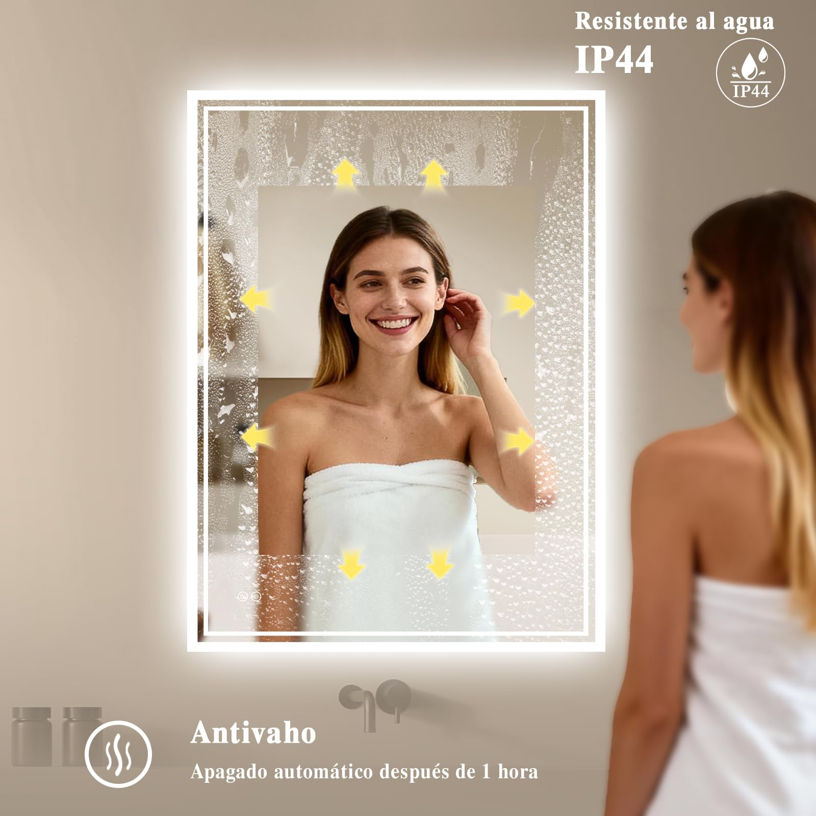 Specchio Bagno Con Luce 40x60 cm, Specchio Da Bagno Led, Anti-Appannamento, Led Con Interruttore Touch, Dimmerabile, 3 Colori Di Luce, Specchio Da Parete Orizzontale/Verticale