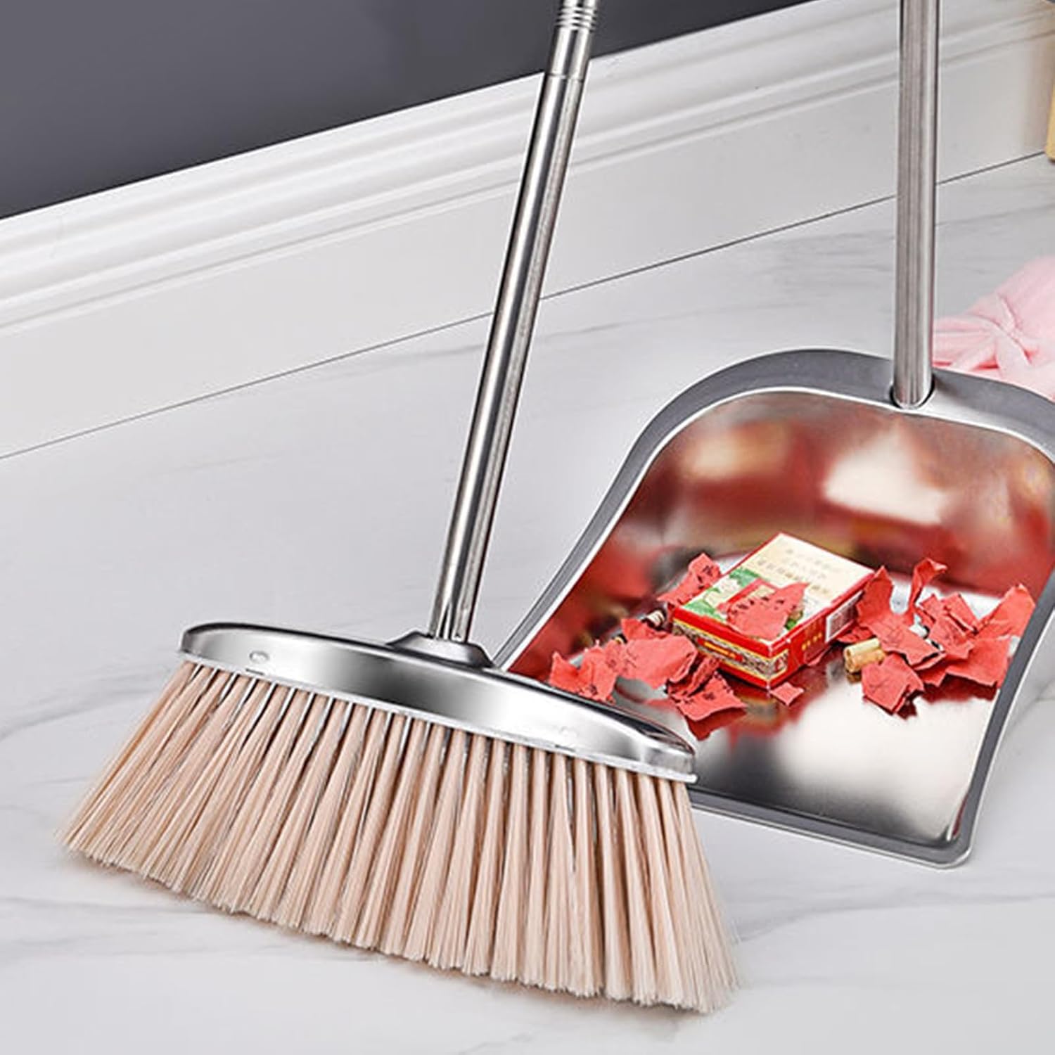 Heavy Duty Stainless Steel Handle Kitchen Broom with Nylon Bristles, Long Handle Angle Broom for Indoor Floor Sweeping and Office Cleaning, Household Floor Scraper Tool for Home