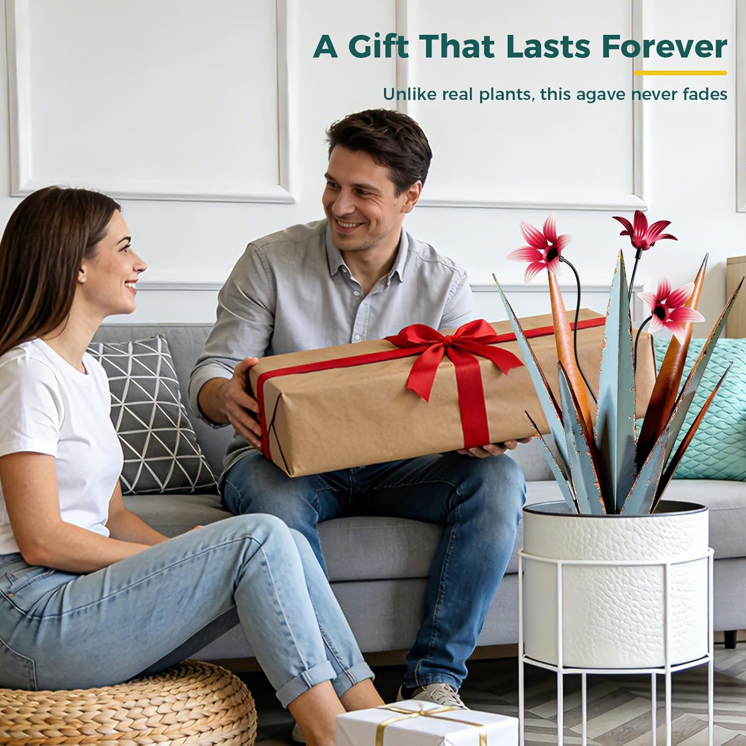 2 Pack Metal Agave Plant Sculptures, Outdoor Agave Plants, Tequila Rustic Sculpture, 16” Hand Painted Garden Decoration Yard Art Plant