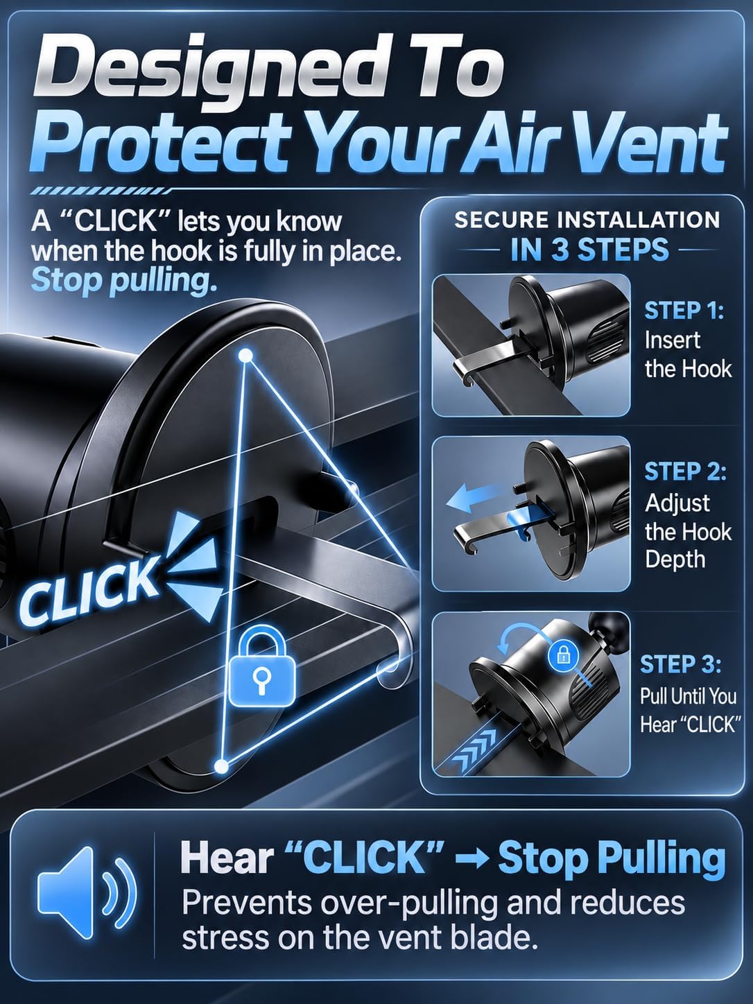 Air Vent Car Phone Holder, Metal Hook Clip, One-Hand Release, Anti-Shake