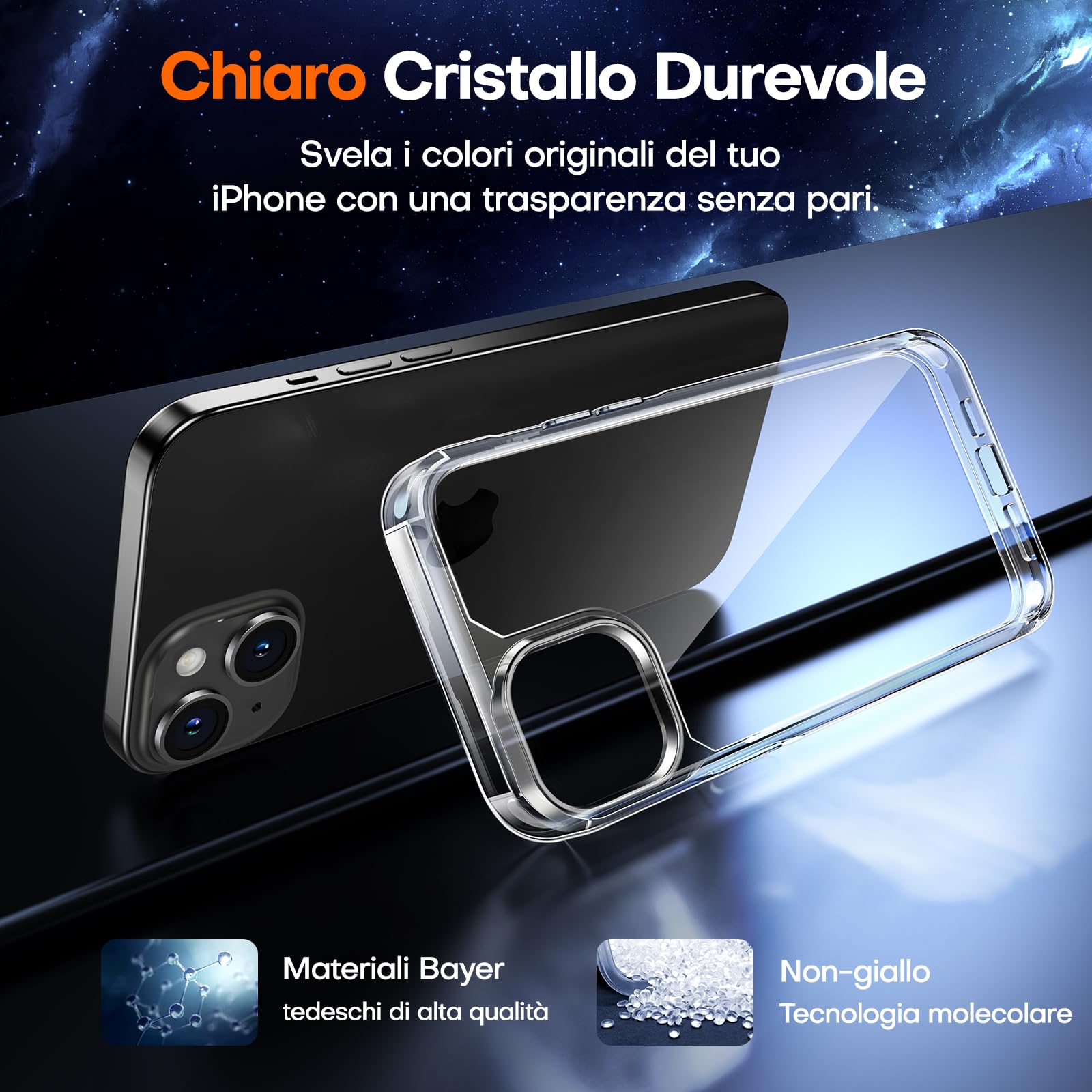 TAURI Cover per iPhone 15 Plus con Pellicola in Vetro Temperato,Custodia per Sottile Antishock, Anticaduta - Trasparente