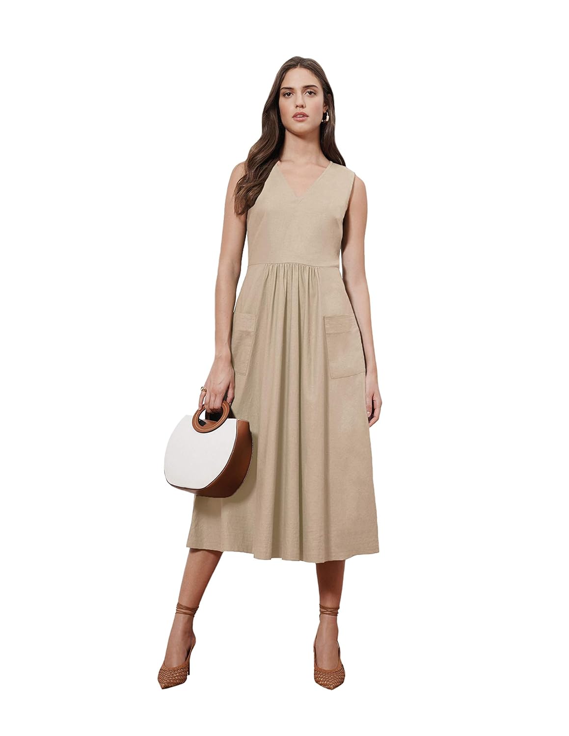 Buy Donna Morgan Women's Petite Sleeveless V-Neck Front Pocket Linen Fit  and Flare Midi Dress, Natural, 4P at Amazon.in