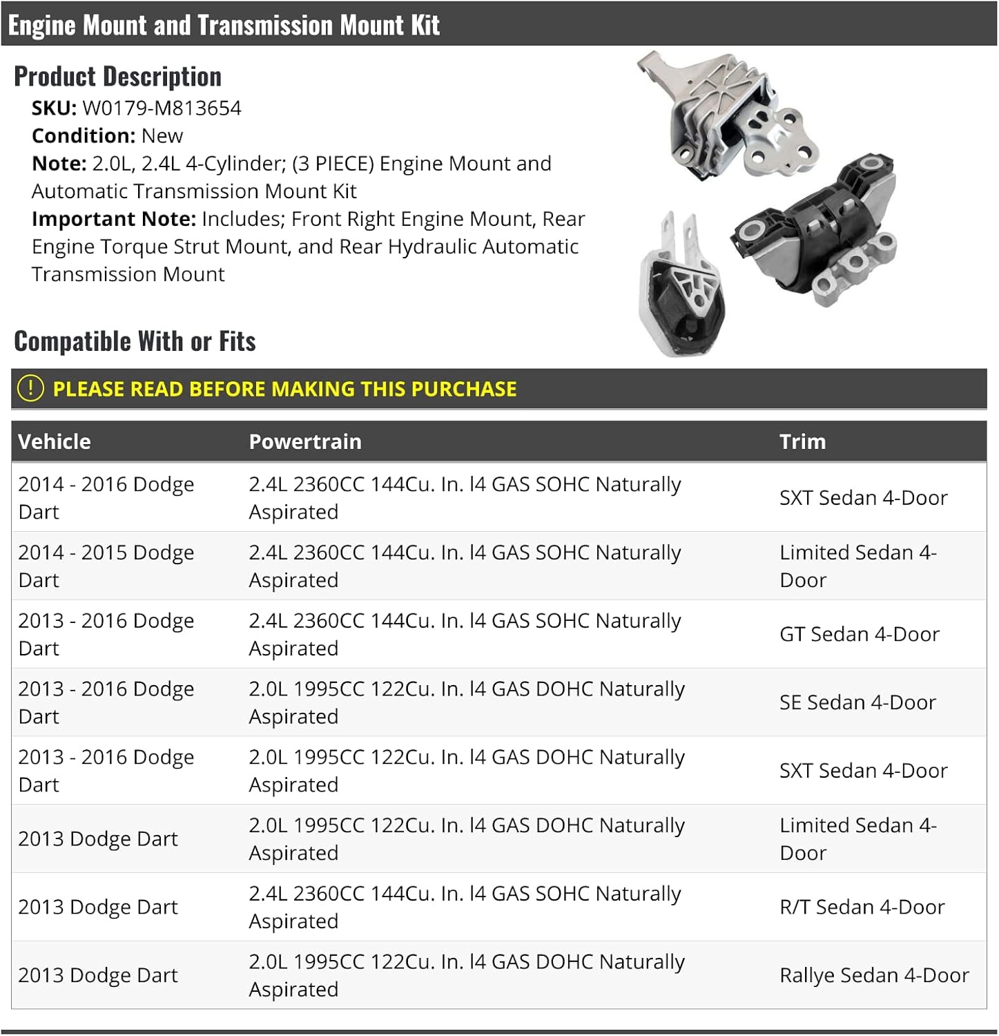 Engine Mount and Automatic Transmission Mount Kit - 3 Piece - Compatible with 2013-2016 Dodge Dart 2.0L 2.4L 4-Cylinder