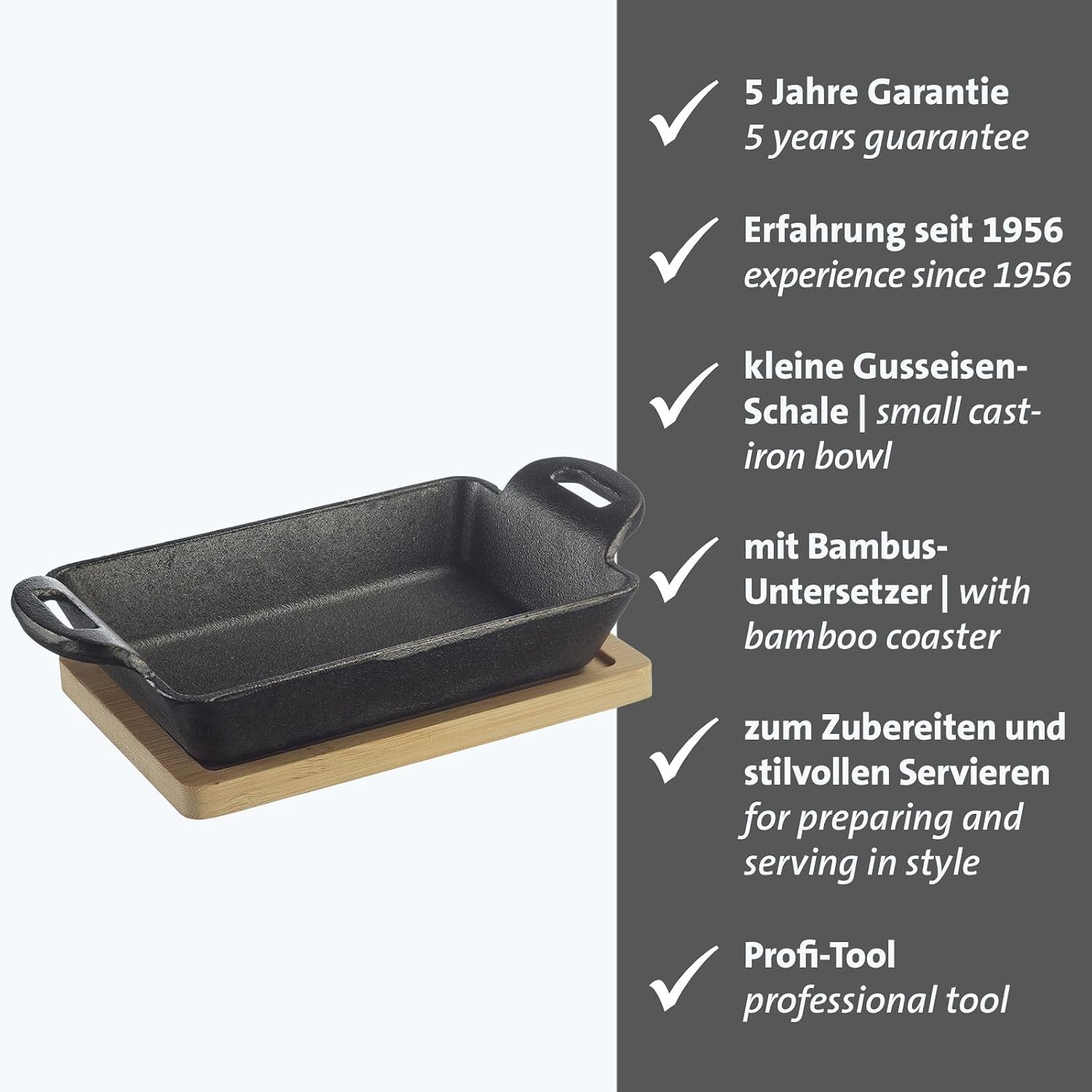 Westmark Cast-iron bowl Tapas + Friends – small cast iron casserole with lid, suitable for all types of stove, including induction and grill, incl. bamboo mat – iron, 300 ml image 2