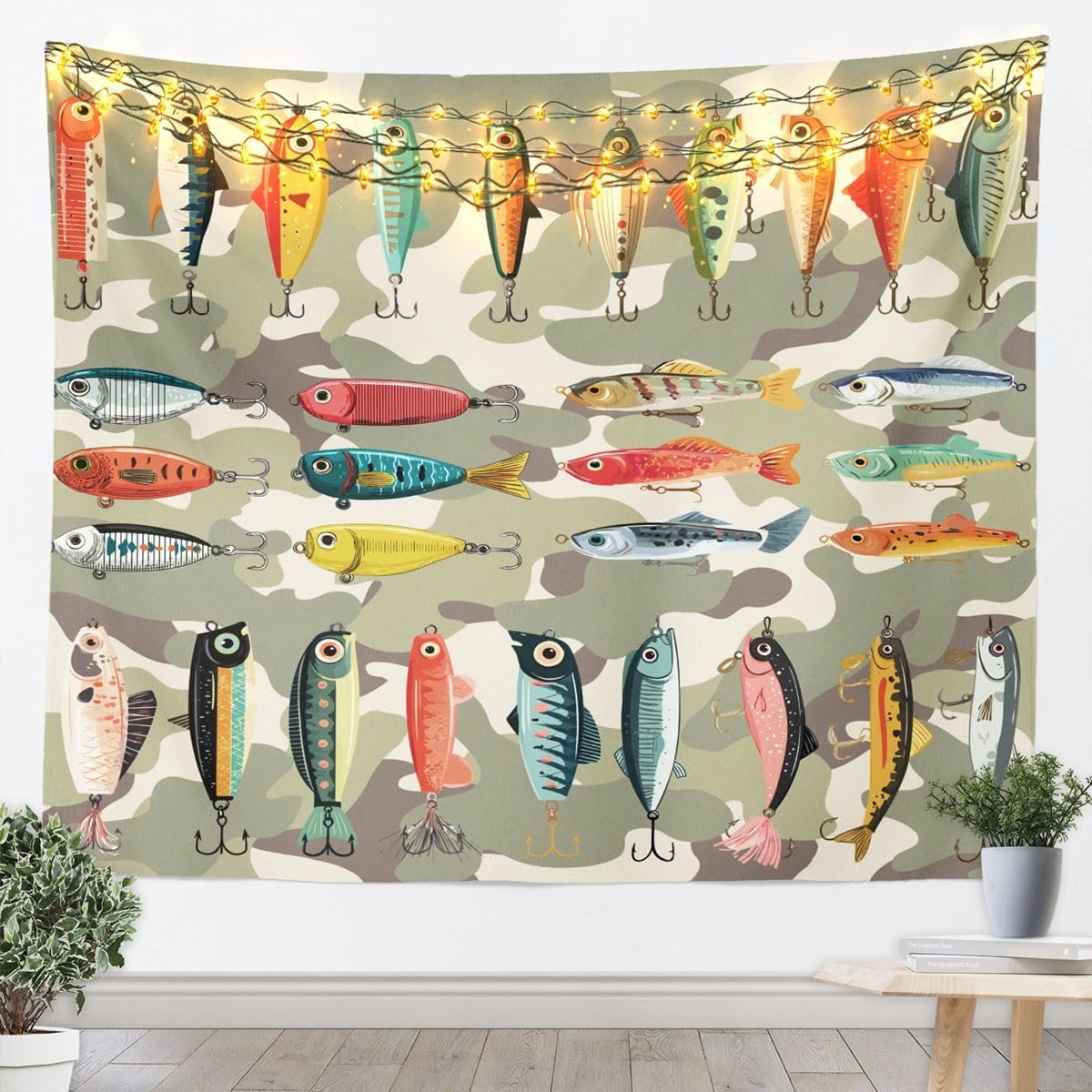 Feelyou Fishhooks Tapestry Fishing Wall Art for Living Room Bedroom Blue Lake House Wall Hanging Blanket Home Decor Large 59"x82" image 5