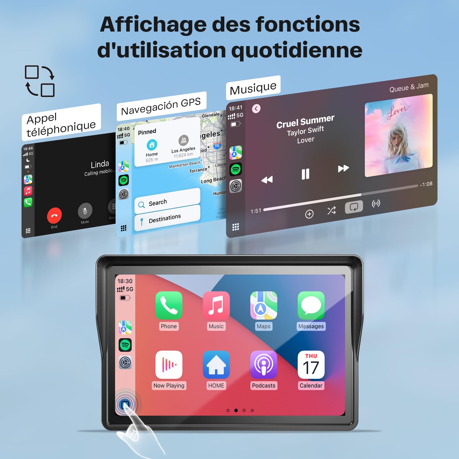 WonVon Sistema di navigazione GPS Carplay per moto da 5 pollici con Apple Carplay e schermo portatile automatico Android con Dual Bluetooth, navigazione, Siri, Google Assistant
