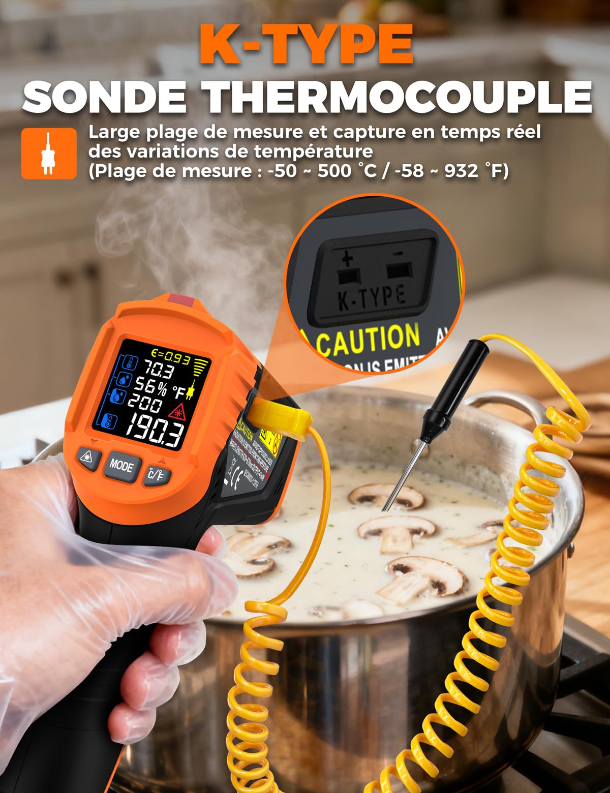 4 en 1 Thermomètre infrarouge professionnel POROMETISTO, 4 réglages d'alarme de qualité industrielle, -50 °C à 800 °C pyromètre laser thermometre infrarouge numérique avec sonde K et écran LCD couleur