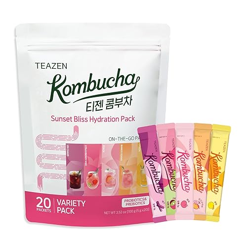 TEAZEN Kombucha Tea Sunset Bliss - Paquete variado de hidratación  20 varillas, 5 sabores (melocotón, mango-guayaba, fresa-kiwi, cítrico, vino
