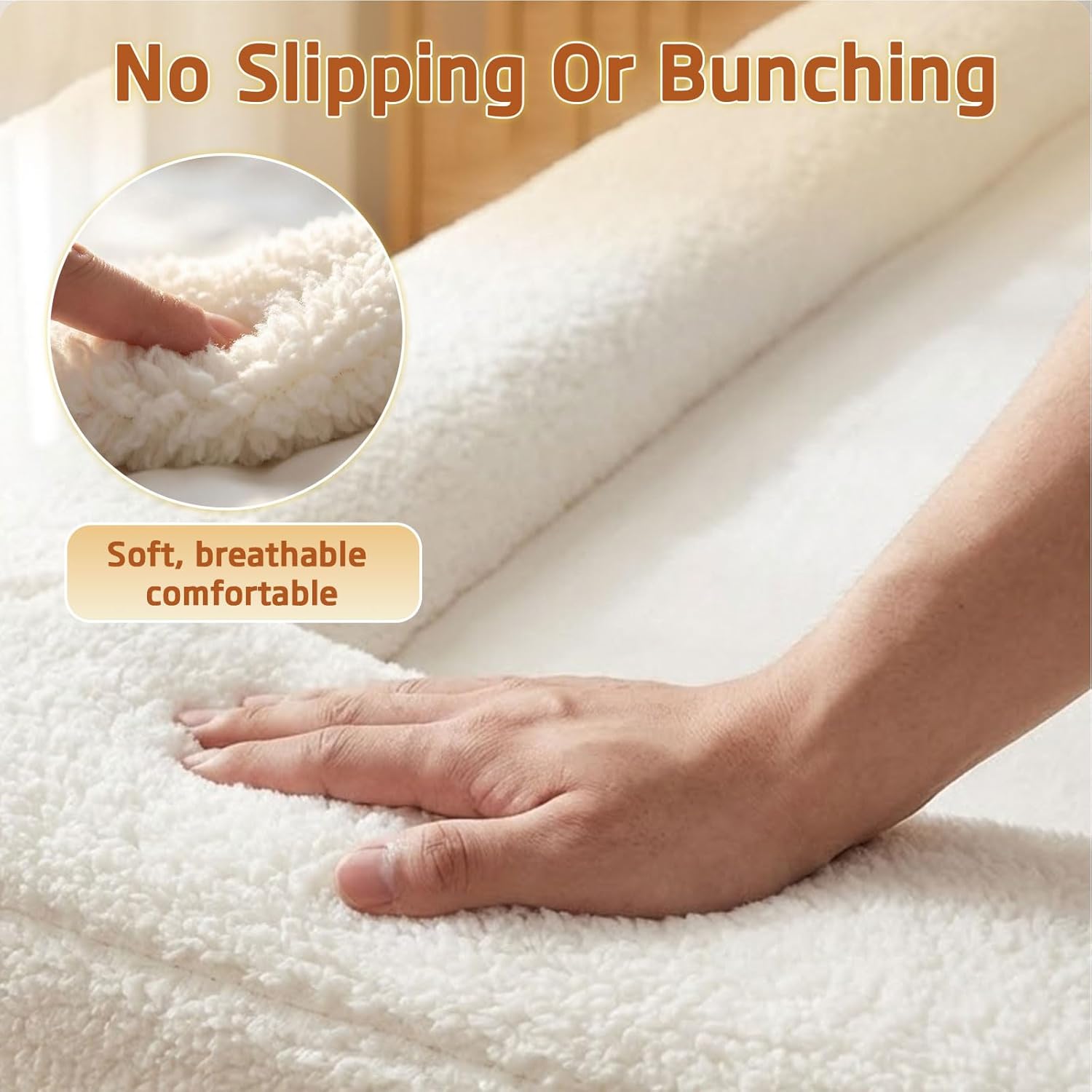 Bed Sheet with Borders Queen Size, Sherpa Fleece Bordered Bed Sheet with Padded Raised Edges, Soft Warm Fitted Sheet for Secure Sleep, Non-Slip Zippered Mattress Cover, Washable,80" x 60" x 14"