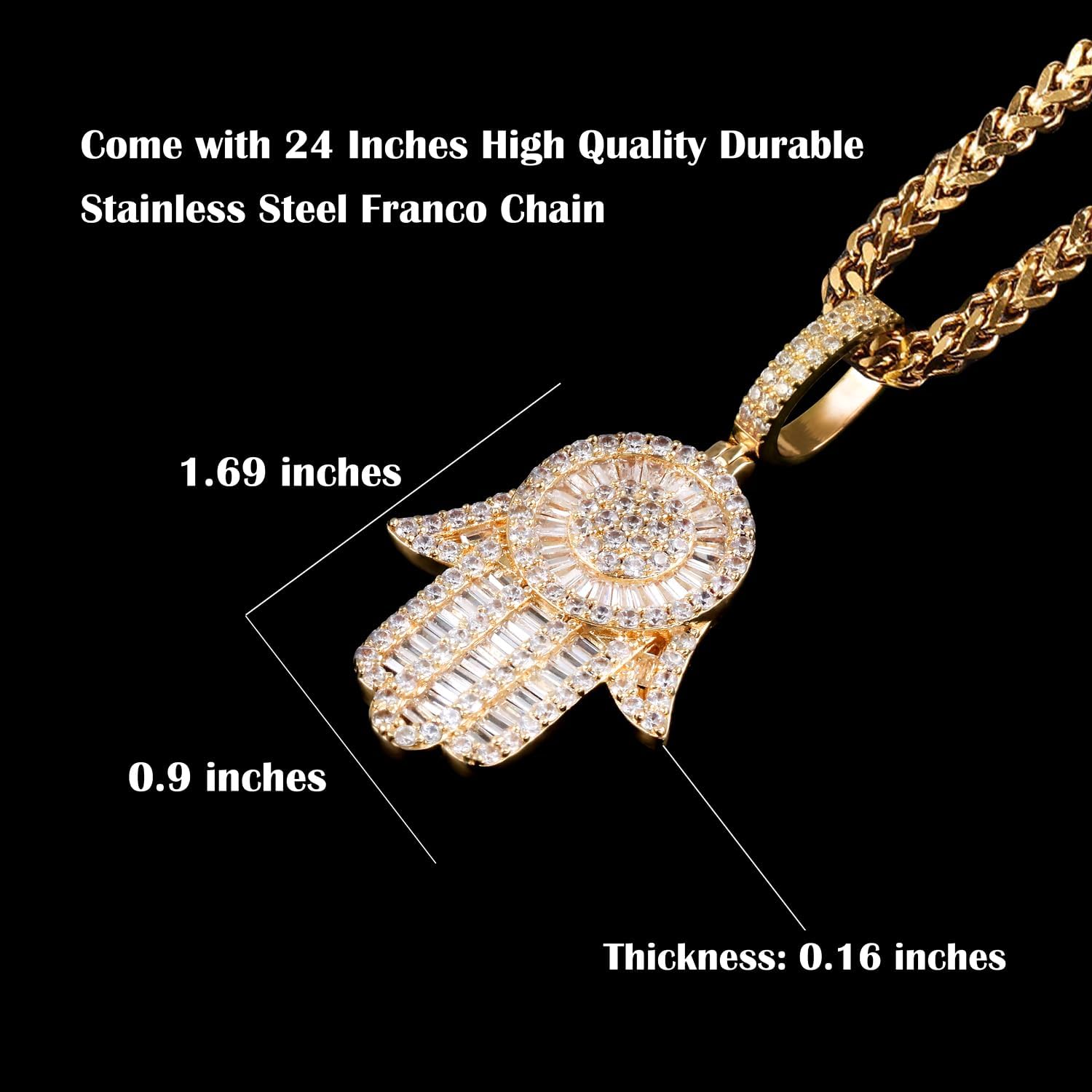 14K Gold Plated Micro Full Iced CZ Out Hamsa Hands Pendant with 24" Franco Chain Necklaces For Men Women Hip Hop Zircon Hamsa Necklace