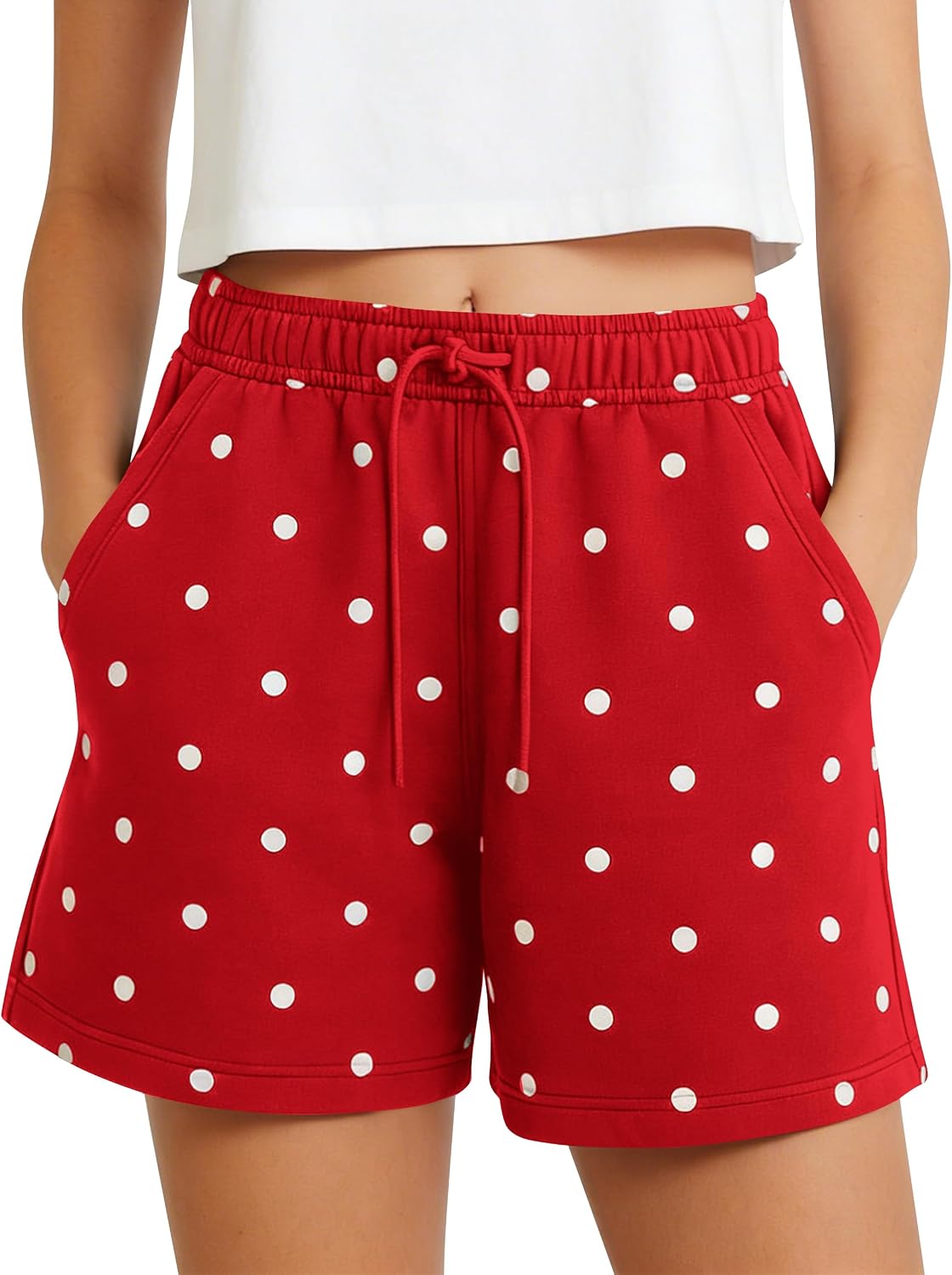 TERIVEEK Polka Dot Shorts Women Drawstring High Waist Workout Sweat Shorts | Comfy Lounge Shorts with Pockets, High Waist Athletic Biker Shorts, Summer Casual Streetwear, Beach Vacation Travel Outfits