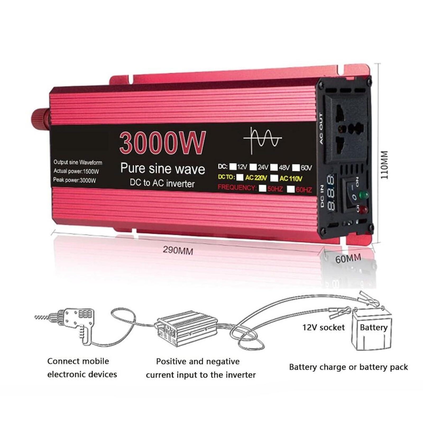 3000W czysta fala sinusoidalna przetwornica DC 12 V/24 V do AC 110 V/220 V transformator napięcia samochód solarny inwertowany zasilacz przetwornica napięcia