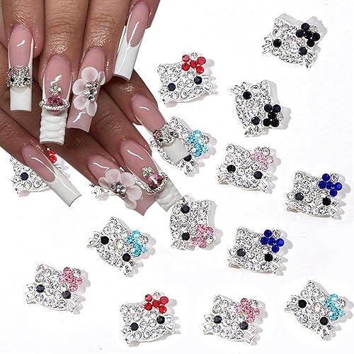 18 dijes de aleación brillante Kawaii 3D para arte de uñas, diamantes de imitación plateados para uñas acrílicas, lindo gato con lazo colorido,