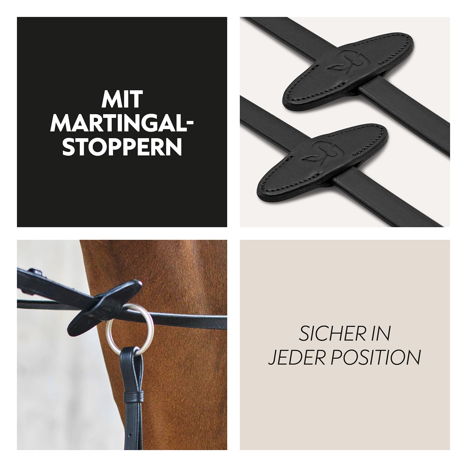 SUNRIDE Sicherheitszügel mit Magnet (NoPanic) für Pferde - Gummizügel - MagneticForce-Sicherheitssystem - mit Stegen - handgefertigt - Echtleder - schwarz (Full)