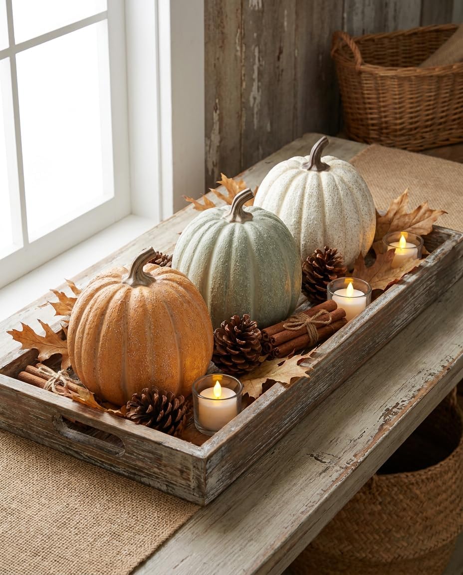 3-Pack Decorative Resin Fall Pumpkins for Autumn Decor (Orange Green Cream)