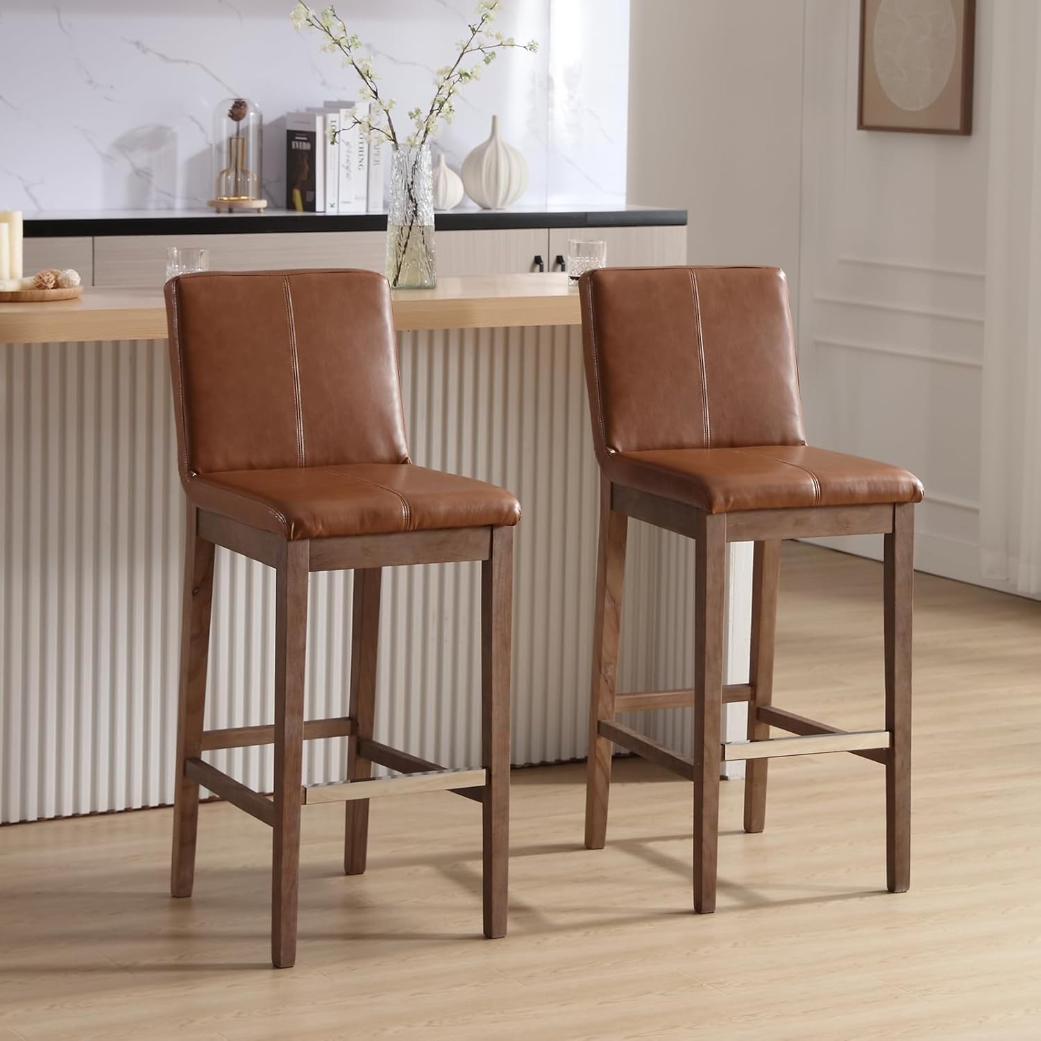 Wood Bar Stools Set of 2, Mid-Century Modern 30" Bar Height Stool with Back & Footrest Comfy Faux Leather Barstool Upholstered Chairs for Home Bar/Kitchen Island/Restaurant, Brown