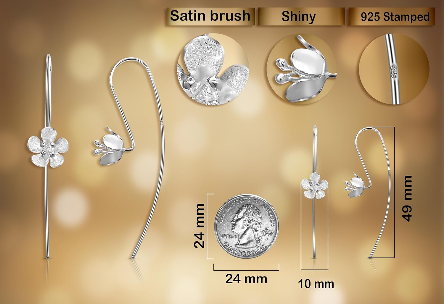 AeraVida Stunning Hibiscus Flower Blossom .925 Sterling Silver Slide-Through Dangle Hook Earrings | Classic Sterling Silver Slide-Through Dangle Earring for Women | Jewelry Gift - Image 3