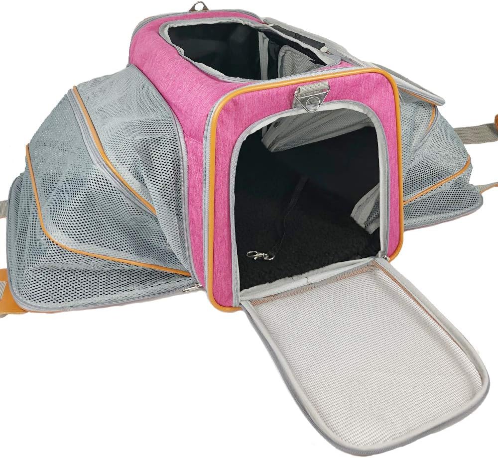 Adorabae Travel Pet Carrier Airline Approved Soft Sided Expendable Foldable Luxury for Cats and Small Dogs Pink