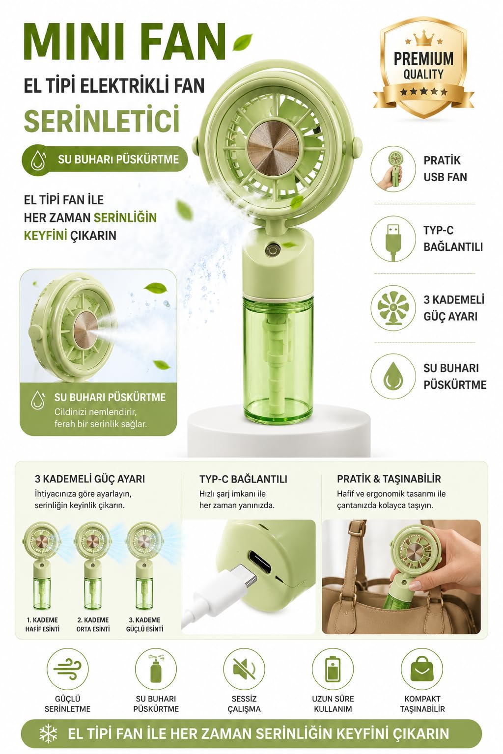 Mini El Tipi Fan Su Buharlı Serinletici Fan, USB Type-C Şarjlı, 3 Kademeli Hız Ayarlı, Taşınabilir Elektrikli Fan, Nemlendirici Püskürtmeli Portatif Fan, Ofis, Seyahat, Araç ve Günlük Kullanım İçin