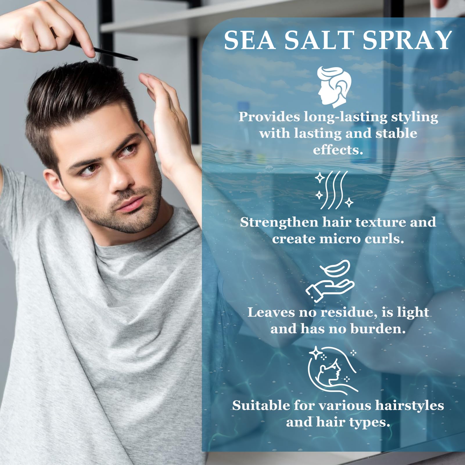 Salt Water Spray, Sea Salt Spray – Acqua di Mare per Capelli - Prodotto per il Pre-Styling, per Capelli più Folti & Texture Stabile(100 ml + 1 Pettine)