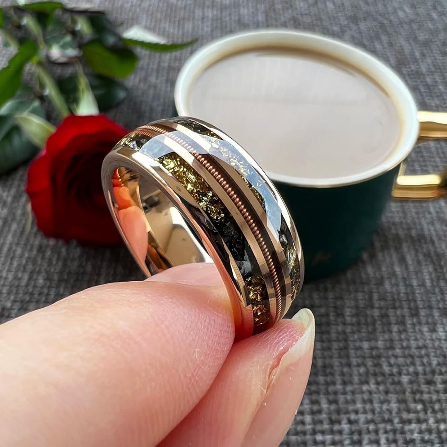8mm Rose Gold Color Meteorite Gold Foil Guitar String Ring Men Women Tungsten Wedding Band Wood Inlay