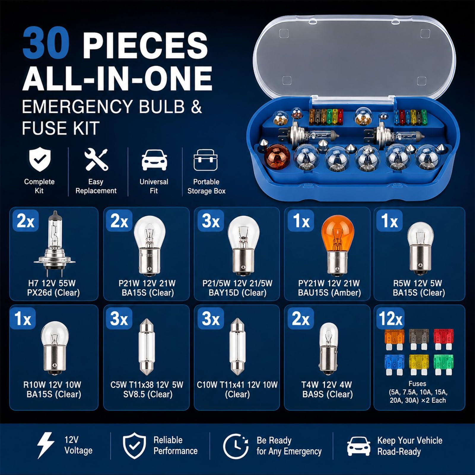 Kit D'ampoules De Voiture Universelles H7 éclairage Fusible Ensemble12 V 55 W, 30 Pièces, Pièces De Rechange Pour Lampe De Secours Boite Ampoule Voiture