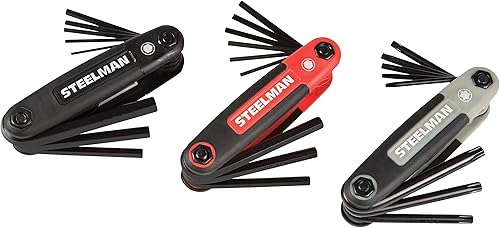 Steelman Juego de 3 herramientas de llaves hexagonales plegables, SAE, métricas y Torx Allen, extremos biselados, agarre de goma