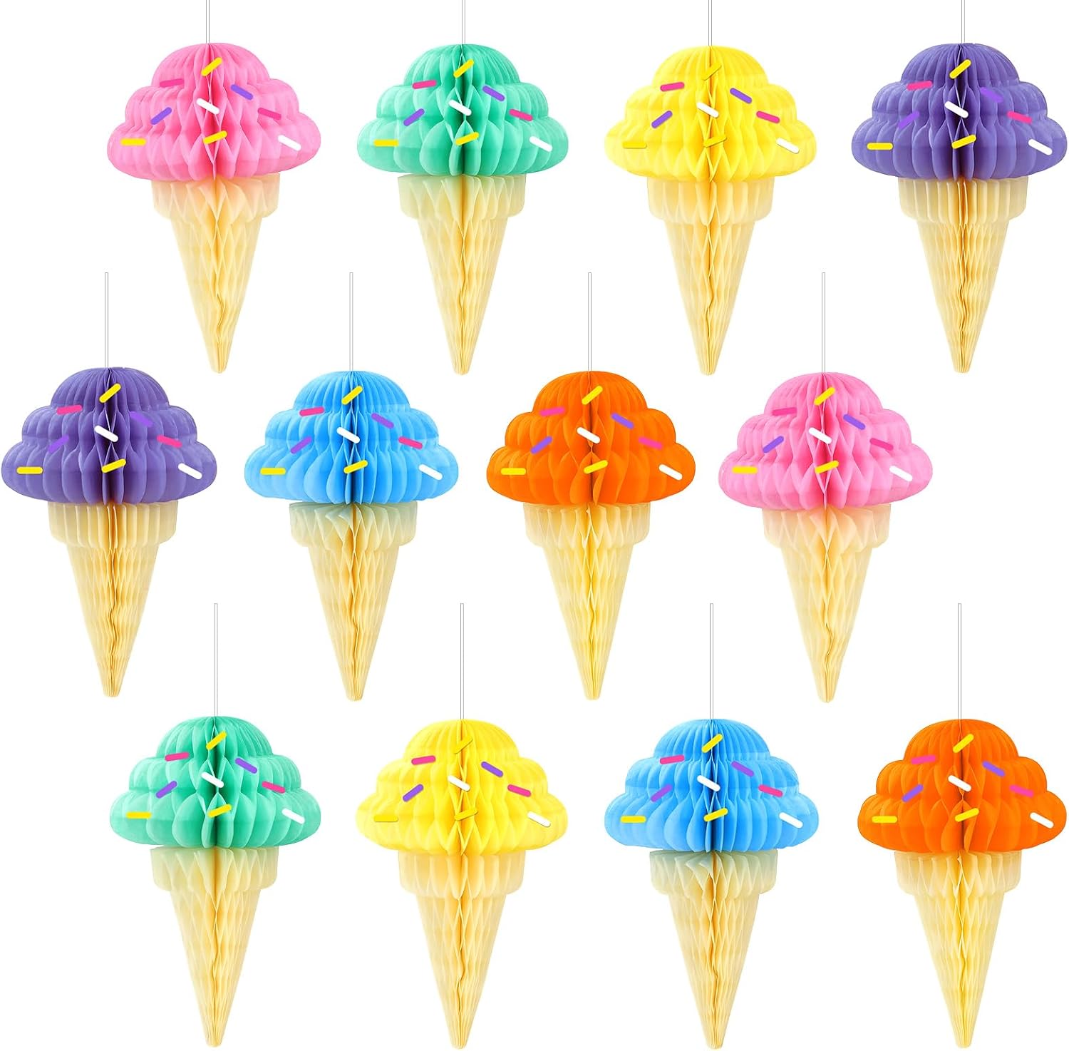 Whaline 12Pcs Summer Ice Cream Hanging Honeycomb Balls 6 Colors Sundae Paper Ceiling Decorations Tissue Paper with Confetti Stickers for Birthday Baby Shower Party Favor