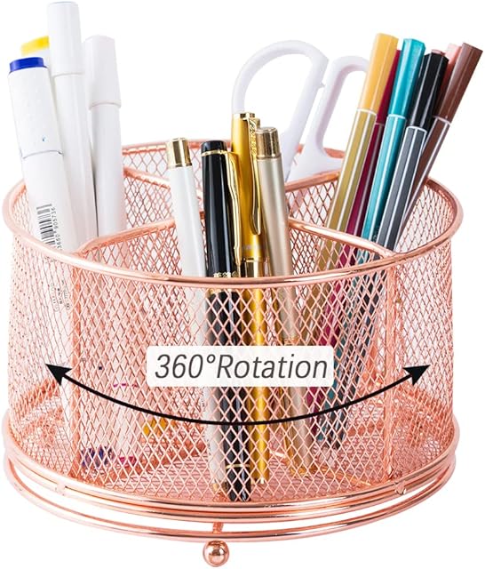 YOSCO 360° Rotating Rose Gold Pen Holder for Desk Workspace Organizers with Large Capacity Mesh Stand Office Supplies Storage Organize Pencil Cup Pot for Office School & Art Supplies (Rose Gold)