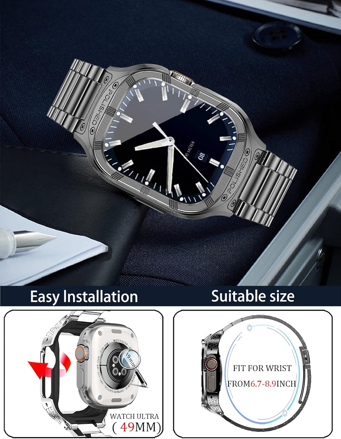 Caseultra Stainless Steel Case/Band Compatible for Apple Watch Ultra Band 49mm 45mm 44mm 42mm,Rugged Metal iwatch Case and Strap for Men Series 9 8 7 6 5 4 3 2 1 Ultra/Ultra 2