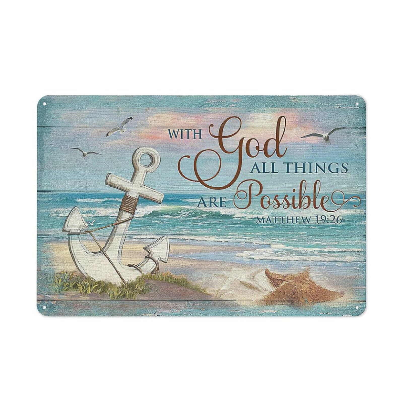 Anchor Beach Ocean Seagull Anchor Christian Bible Retro Wall Poster Art Decor Metal Tin Sign Garage Bar Courtyard Decor 8X12Inch