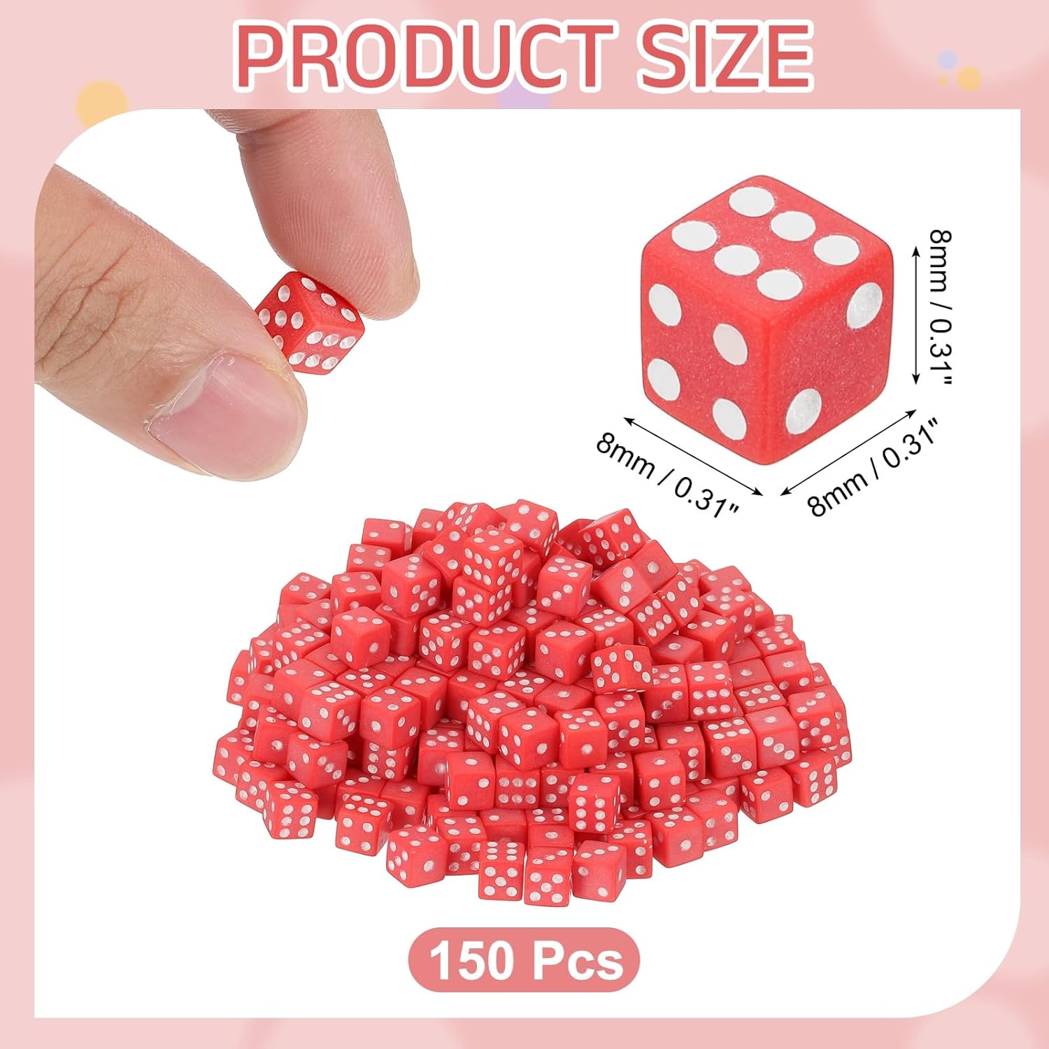 uxcell 150Pcs Mini Dice, 8mm/0.31" Acrylic Tiny Six Side Game Dot Square Dice Bulk for Table Board Game Party Activities, Red/White