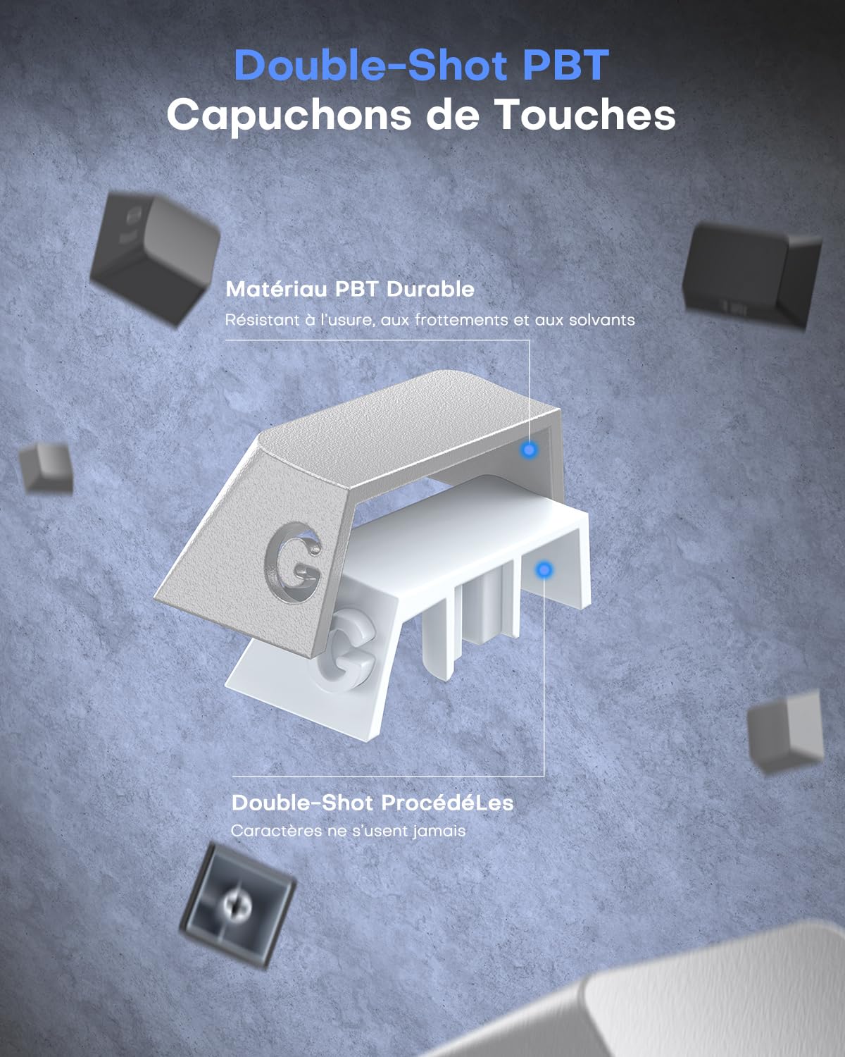 OMOTON Capuchons de Touches en Français, Cherry Profil 127 Touches PBT avec extracteur de Touches, Gravur Latéral pour MX Switch 61/68/84/87/96/108 ANSI/ISO Layout claviers mécaniques - Dégradé Gris