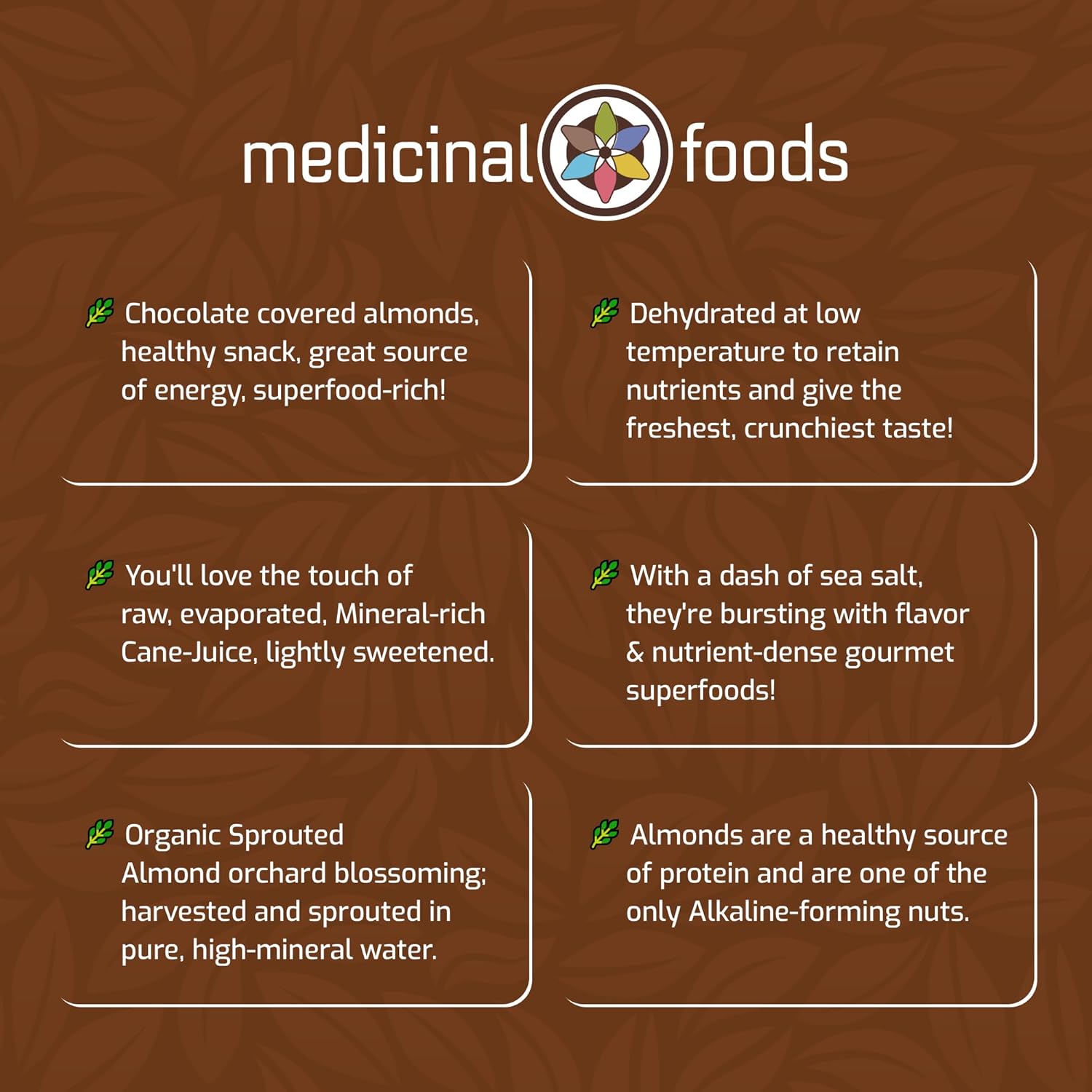 Medicinal Foods Chocolate Covered Almonds | Organic Raw Vegan Sprouted Superfood Snack | Nutrient-Rich Energy Boost | 6 oz