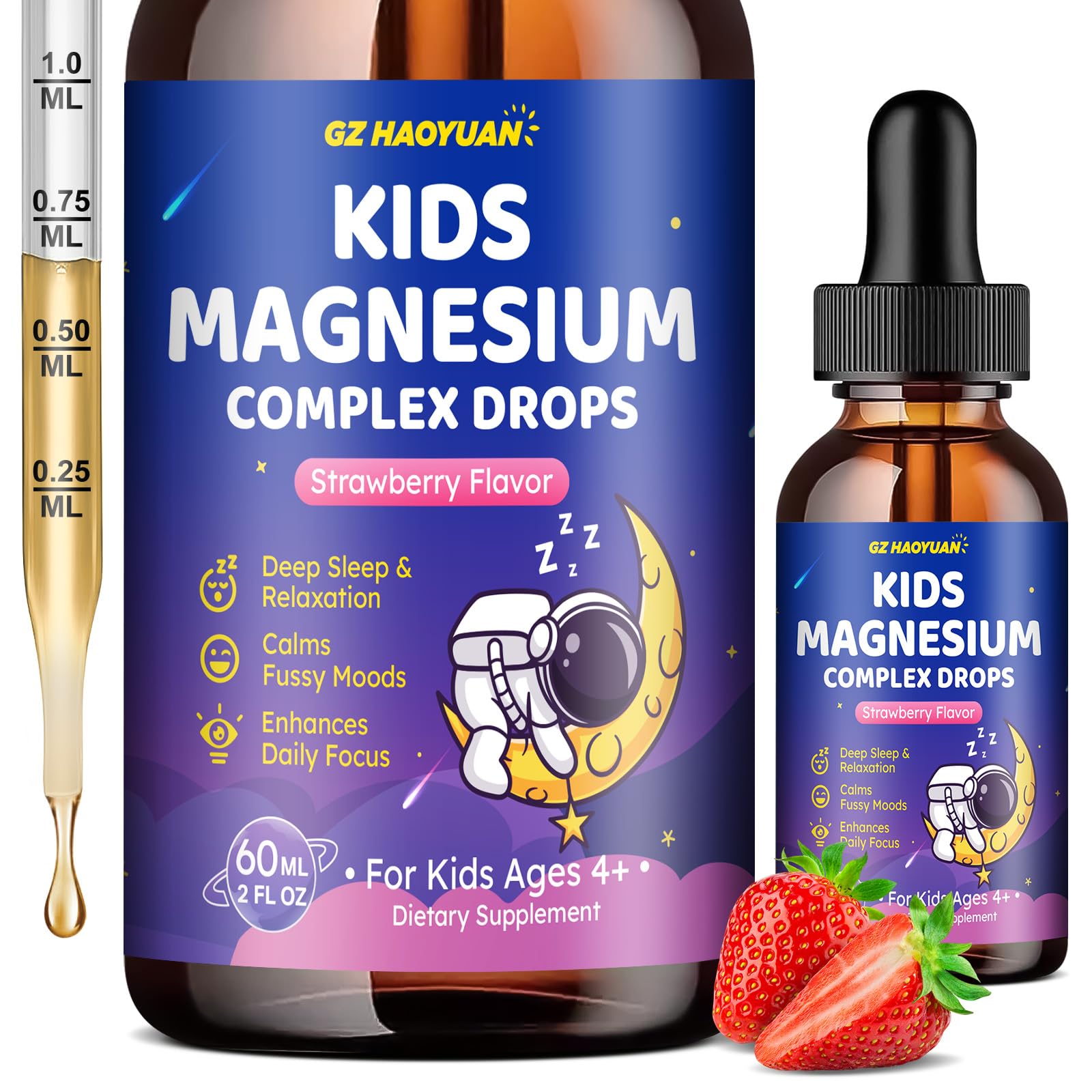 Magnesium Complex Liquid for Kids, Magnesium Glycinate, Malate, Taurate, Citrate with L-Theanine, Vitamin B6, B12, D3 Kids Liquid Drops for Sleep, Relaxation, Calm, Focus - 2 Fl Oz, Strawberry Flavor Strawberry 2 Fl Oz (Pack of 1)