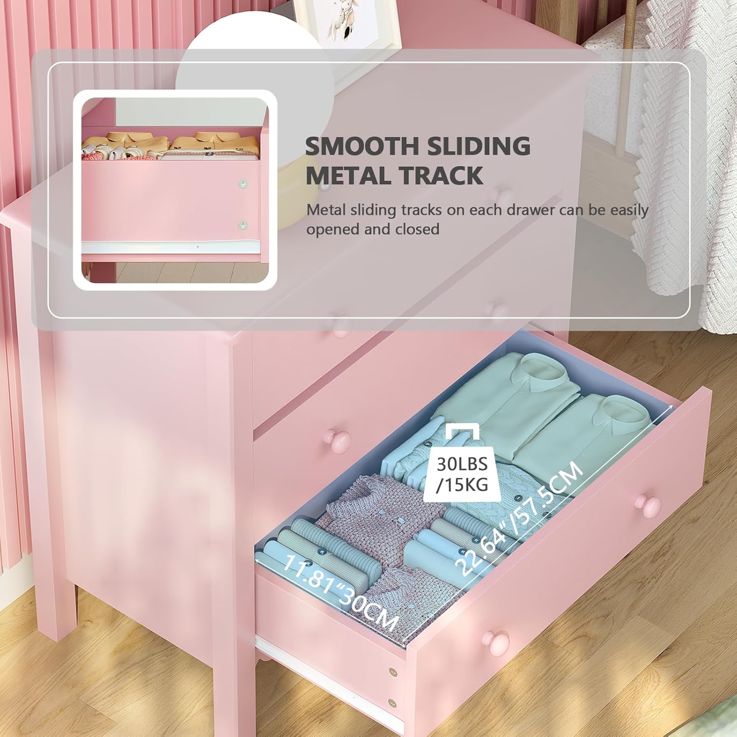 Vikiullf Large Nightstand with 3 Drawers, Pink, Engineered Wood, 27.56 x 13.78 x 26.97 inches (Pink)