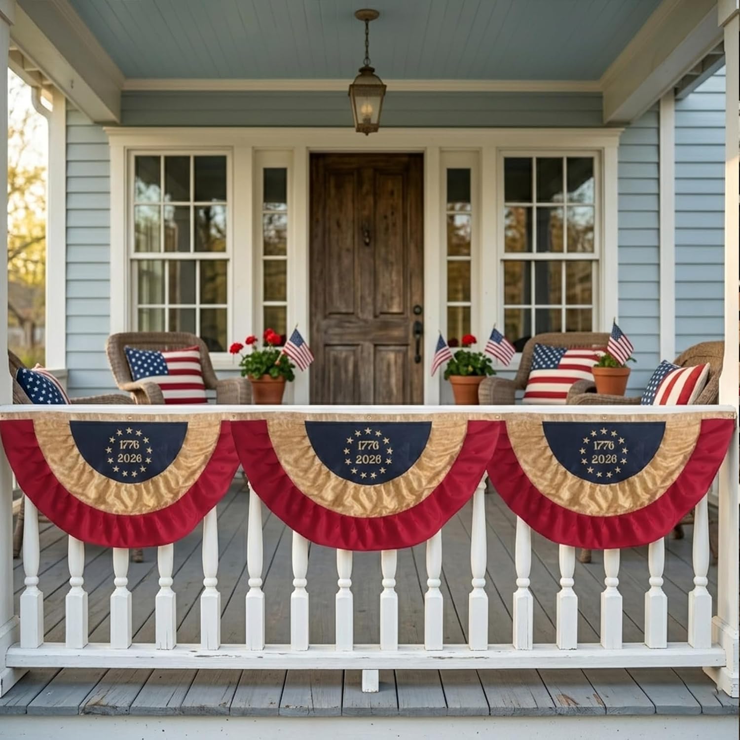 JRED 250 Anniversary American Bunting Flags 3x6 FT, 1776-2026 Tea-Stained Betsy Ross 13 Stars USA Pleated Fan Flags, Vintage Embroidered Stars 4th of July Decorations Banner