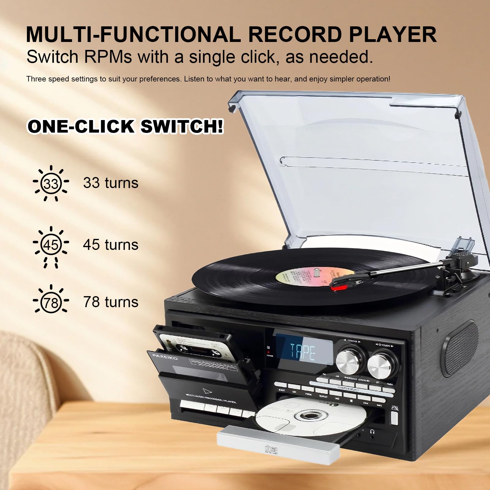 Tocadiscos 9 en 1 con radio AM/FM, USB, SD/MMC, CD, casete, tocadiscos de 3 velocidades para reproducción de vinilo, CD y casete
