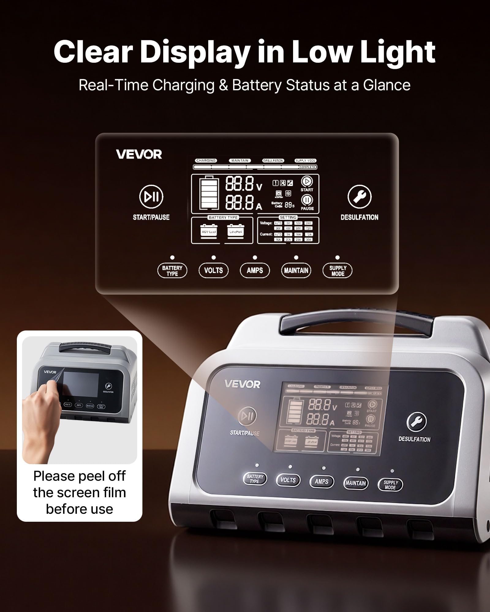 VEVOR Caricabatterie Intelligente Corrente max 20 A per Auto per Batterie al Litio LiFePO4 Piombo Acido 6/12/24 V, Caricabatterie per Moto Camper Barca Mantenitore di Carico Desolfatazione Schermo LCD