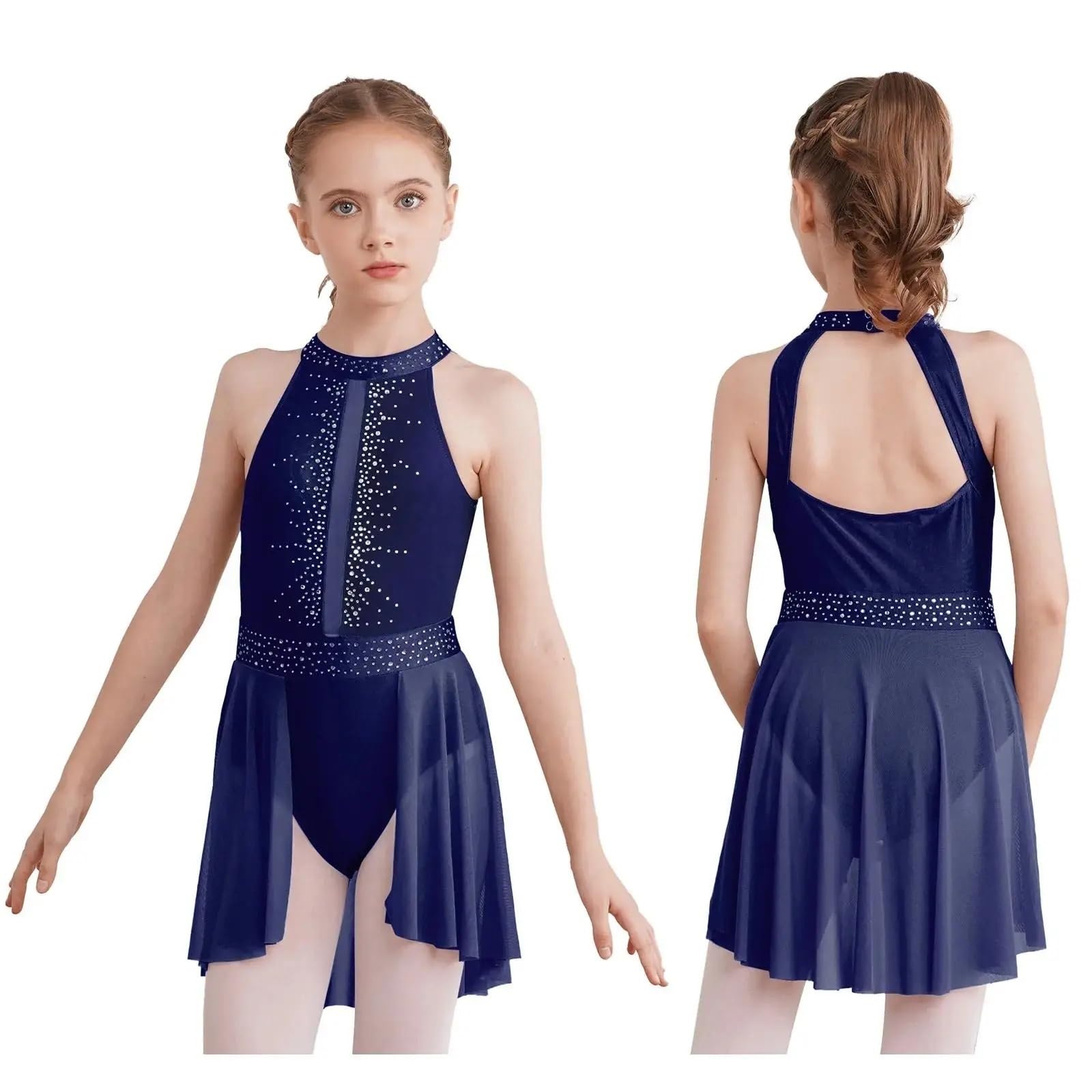 Gymnastikanzug Mädchen Tanzkleid Ballett Eiskunstlauf Neckholder Ärmellos Strass Gymnastik Trikot Kleid(Coffee,14)