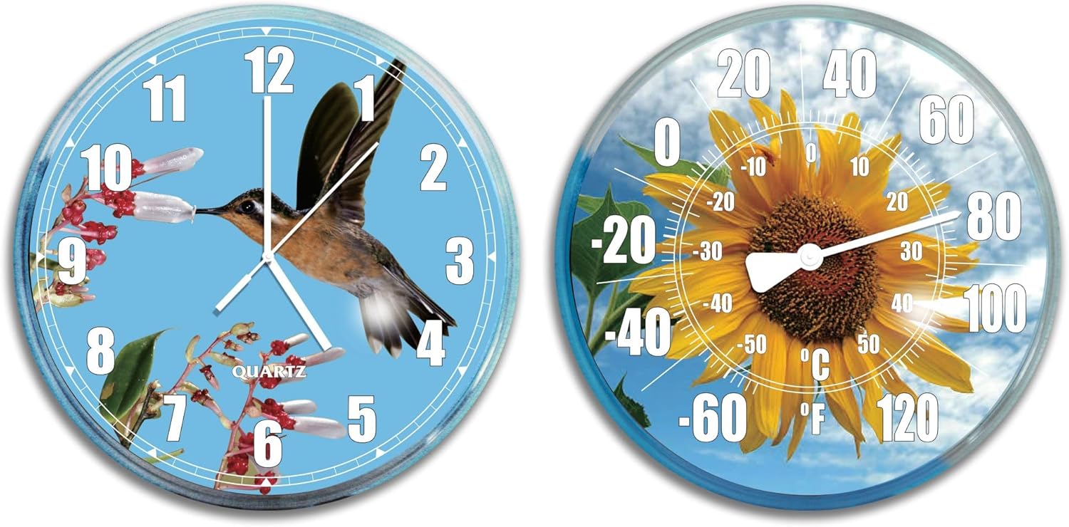 Swim Central Sunflower and Hummingbird Outdoor Thermometer and Wall Clock Set - 12"