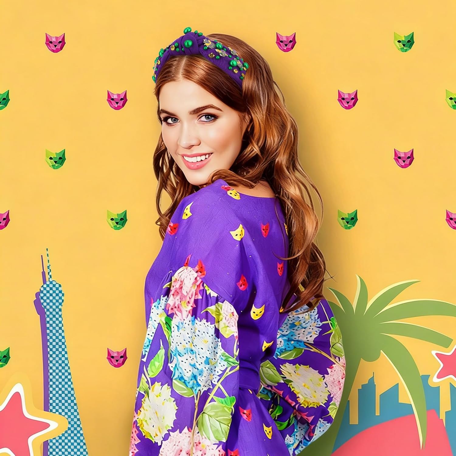 Mardi Gras Headbands for Women Purple Rhinestone Knotted Headband Carnival Parade Party Hair Accessories - Image 2