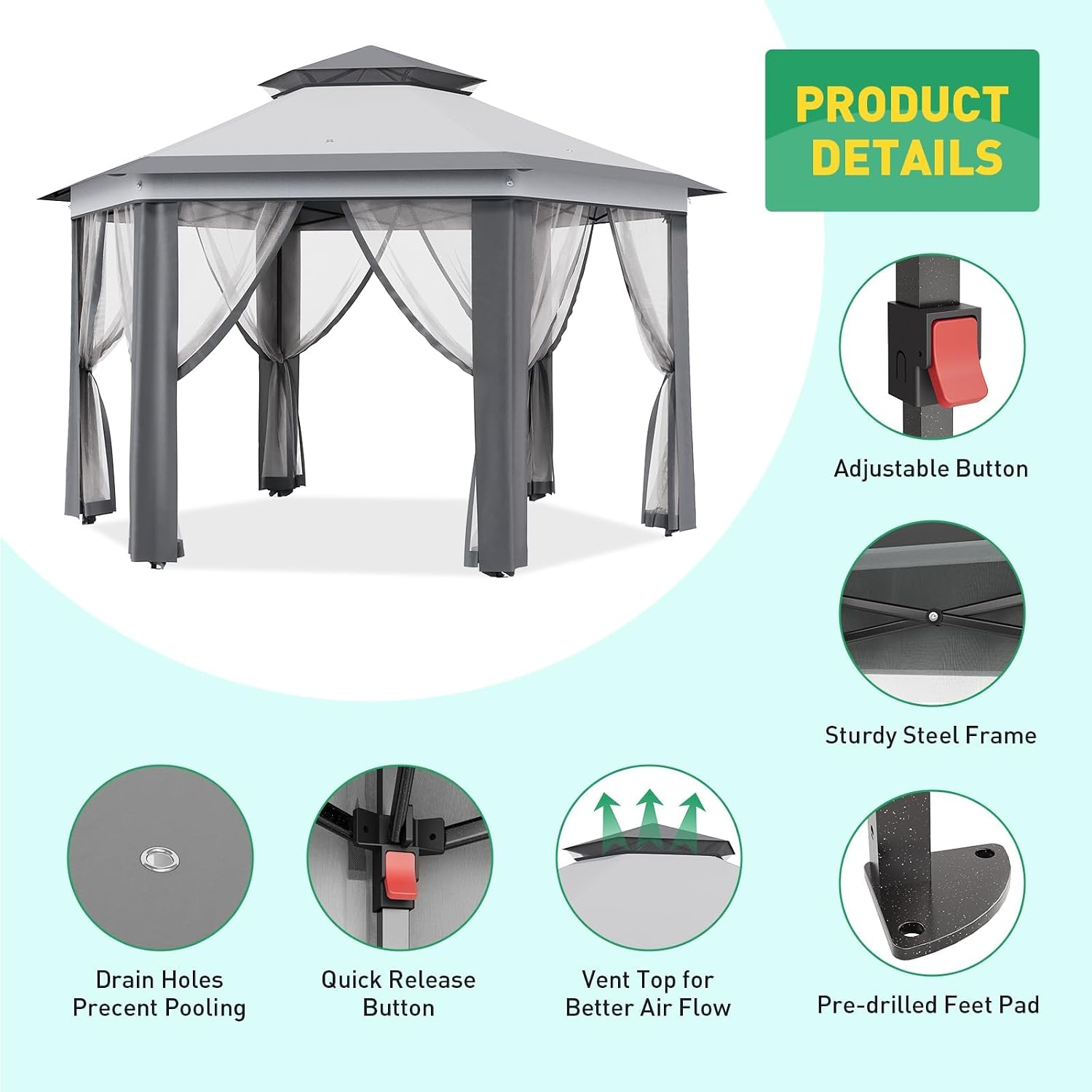 Pop Up Gazebo 13 * 13 Ft 6 Sided - Canopy Tent with Mosquito Net Adjustable Outdoor Gazebo for Backyard, Waterproof Patio Canopy for Parties BBQs