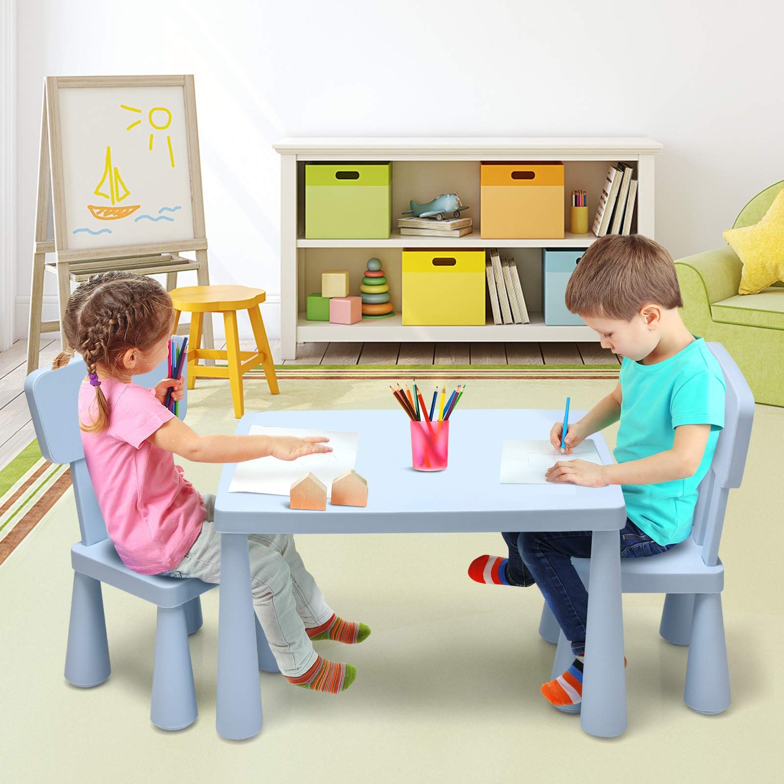 FANTASK Juego de Mesa Infantil de 3 Piezas, Mesa Infantil con 2 sillas, Muebles Infantiles de plástico, Mantel Individual para guardería y habitación Infantil (Azul)