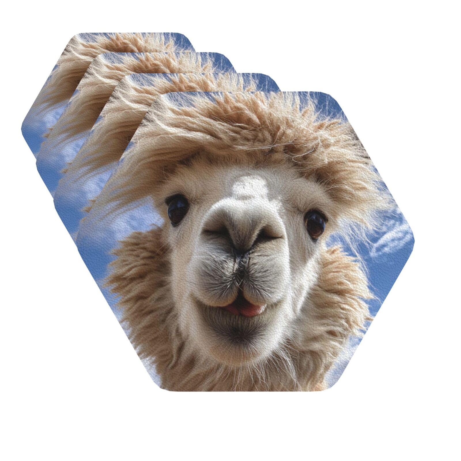 Drink Coasters Set of 4 Quick-Dry Leather Coaster Funny Alpaca Llama Coasters for Drinks Coffee Cup Mat Tabletop Protection Heat Resistant Coaster for Kitchen Bar Office Home Decor
