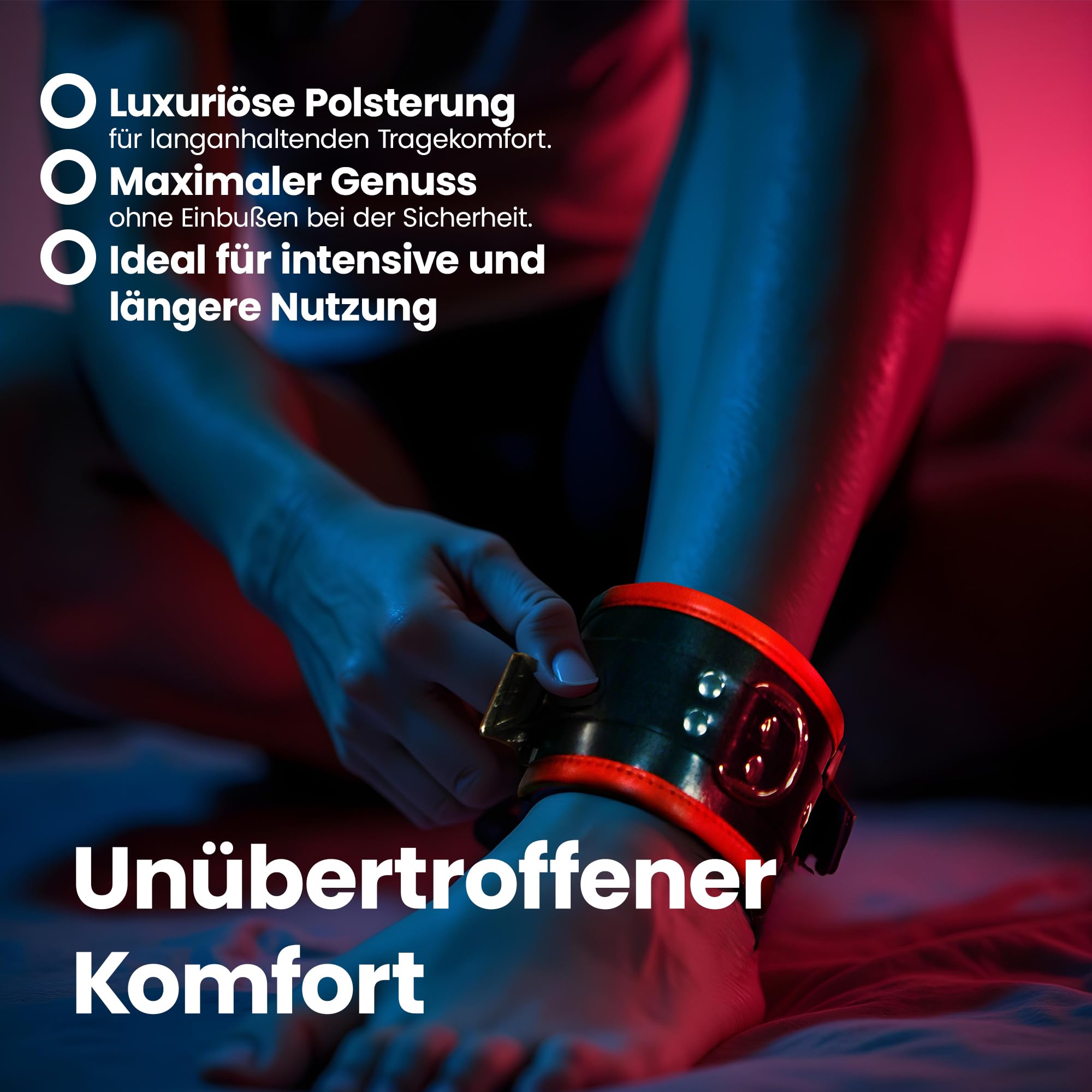 gepolsterte Fußfesseln mit D-Ring, Fußgelenk-Manschetten aus Leder, für Bondage und BDSM, Farbe: Schwarz/Rot, erotisches Sexspielzeug für Anfänger und Fortgeschrittene