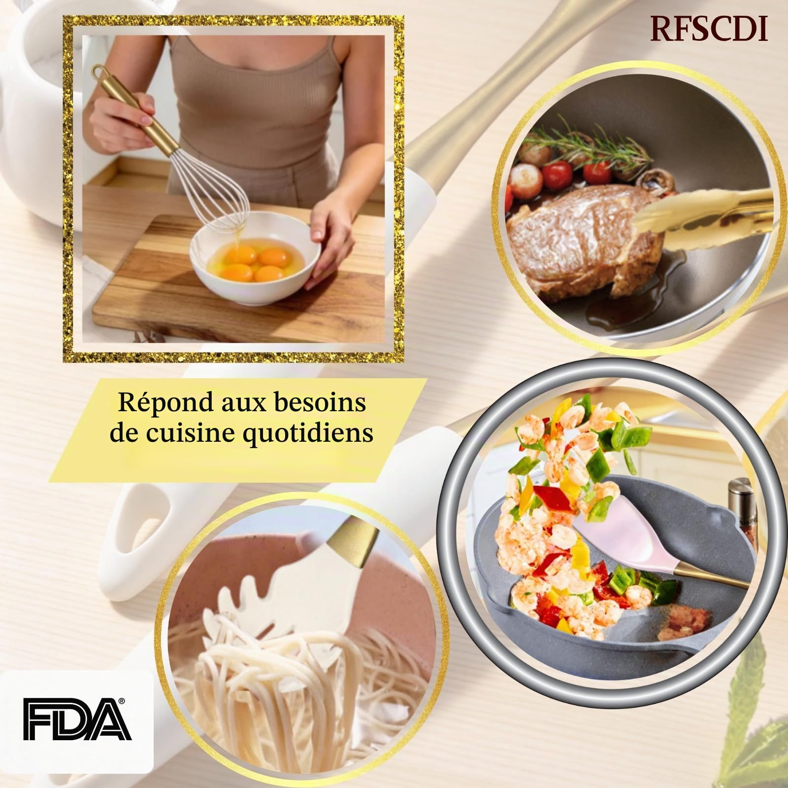 Ensemble d'ustensiles de cuisine élégants en silicone blanc doré – Non toxiques, passent au lave-vaisselle avec poignées confortables résistantes à la chaleur – Comprend une spatule et une cuillère