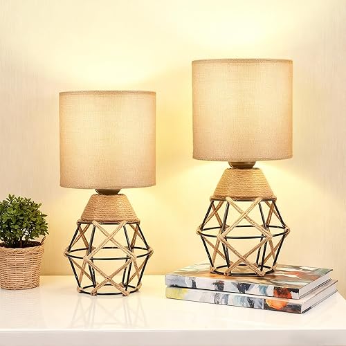 Miniatura 11 de Hamilyeah Lámpara bohemia, lámpara de mesa tejida para mesita de noche con interruptor de encendido/apagado, lámpara de dormitorio con pantalla de 1