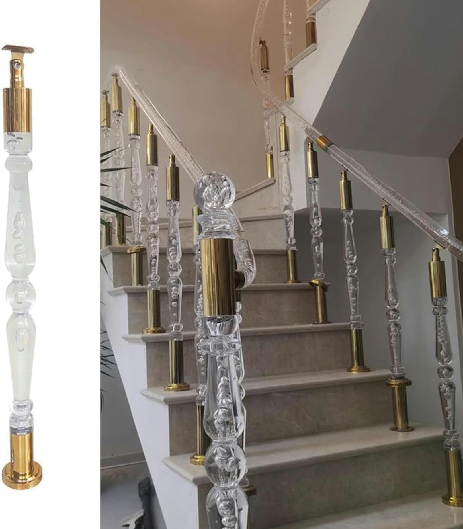 GLDYTVF Modern Acrylic Stair Railing Spindles - Clear Round Balusters for Indoor Staircase, Decorative Handrail Posts with Gold Hardware, 33.5" (85cm) - 1 Piece Kit